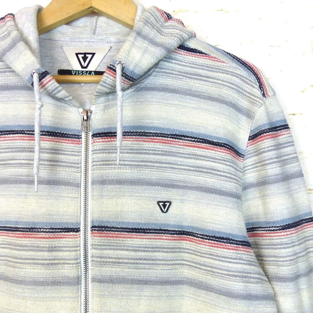Vissla Hoodie Mens L Storm Gray Striped Foghorn Zip French Terry Surf Beach FLAW - Picture 6 of 16